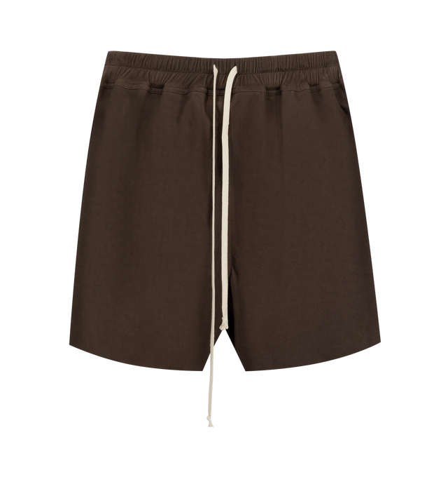 Image 1 of 3 - BROWN - Rick Owens Men's Leather Shorts are crafted from lambskin and feature an drawstring waistband, side pockets, and a contrasting hem, the style is finished with a smooth cupro lining for added comfort. Main Material: 100% lambskin. Lining: 100% cupro.