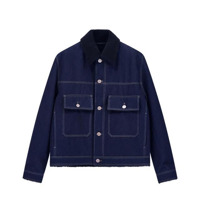Image 1 of 1 - BLUE - Giorgio Armani Men's Patch Pocket Denim Shearling Jacket is crafted from a premium cotton and virgin wool blend, offering a refined take on a classic design. The luxurious shearling lining provides exceptional warmth and comfort, while patch pockets add a touch of effortless utility and style. Material: 63% Cotton, 37% Virgin Wool; Body Lining: 100% Shearling Lamb; Sleeve Lining: 63% Viscose, 37% Acetate.