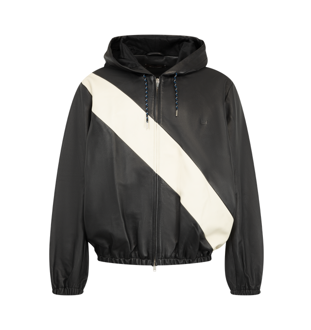 Image 1 of 3 - BLACK - Wales Bonner Men's Vista Leather Anorak is crafted from soft plong leather and technical twill and features a relaxed silhouette in a black and ivory colorway. Inspired by ceremonial dress, the design is detailed with a contrasting sash-style panel across the front, a drawstring hood, and a two-way zip closure. Finished with zip seam pockets, elasticized cuffs and hem, dropped shoulders, and an embossed logo at the chest. 68% Polyester, 18% Polyacrylic, 12% Rayon, 2% Polyurethane. Con