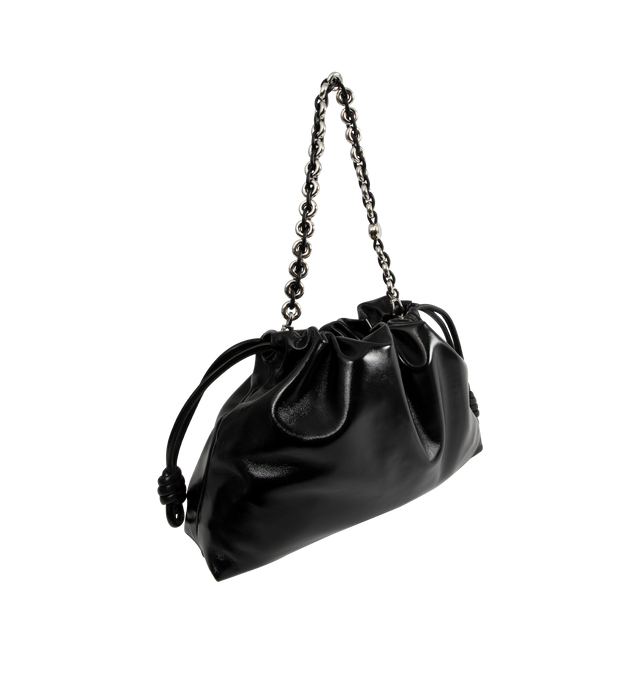 Image 2 of 4 - BLACK - LOEWE Large Flamenco Purse in patent nappa lambskin featuring a ruched shape, historical knot drawstrings, detachable donut chain, shoulder, crossbody or hand carry, detachable and adjustable leather strap, magnetic closure, suede lining and silver embossed LOEWE. Patent nappa lambskin. 26 cm x 41 cm x 9 cm. Made in Spain.