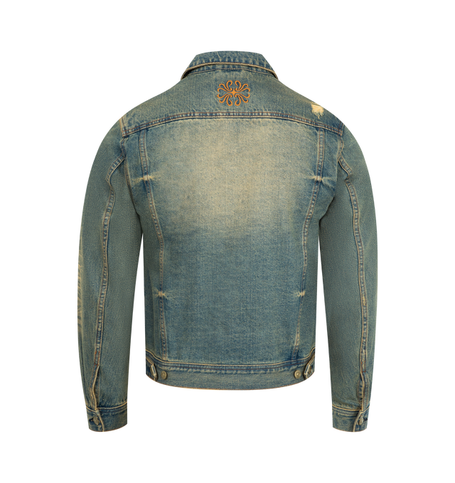 Image 2 of 3 - BLUE - MIDNIGHT RODEO Distressed Vintage Wash Trucker Jacket featuring a slim, cropped fit, heavy whiskering and all-over distressing for a worn-in, sun-faded look, front button closure, spread collar, button cuffs, chest button-flap pockets, front welt pockets, adjustable button side tabs, custom MR-branded hardware and signature embroidered branding at the upper back. 100% cotton.