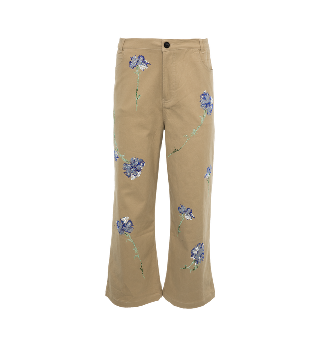 Image 1 of 5 - BROWN - LIBERTINE Cecil Beaton Blue Carnation Crystal Pant featuring crystal-embellished blue carnations, cropped fit, mid rise sits high on hip, wide legs, five-pocket style, button zip fly and belt loops. Cotton/elastane. Made in USA. 