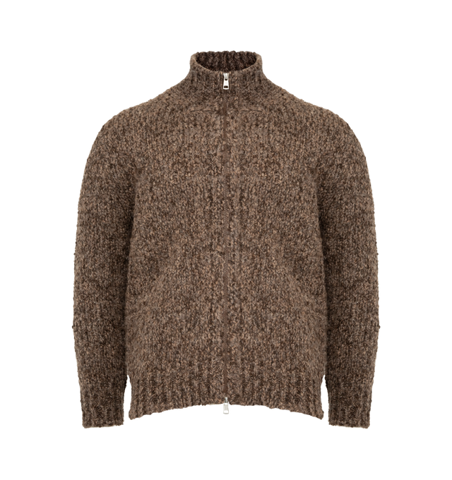 Image 1 of 3 - BROWN - MONCLER Wool & Alpaca Zip-Up Cardigan featuring a wool and alpaca blend, turtleneck silhouette, stockinette stitch, gauge 3, zipper closure and leather logo patch. 52% alpaca, 47% wool, 1% polyamide/nylon. Made in Bulgaria.