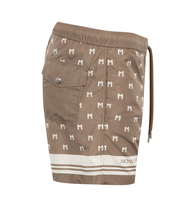 Image 3 of 3 - BROWN - MONCLER Monogram Print Swim Shorts featuring micro mesh lining, waistband with drawstring fastening, side pockets and back pocket. 100% polyester. Lining: 100% polyamide/nylon. Made in Albania. 