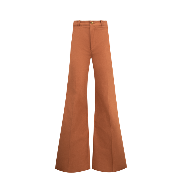 Image 1 of 3 - BROWN - CHLOE High-Rise Flared Tailored Pants in organic cotton canvas featuring front zipper, piped front & back pockets, belt loops, a gold-tone Horse Medal button and a Chlo logo triangle at the back. 100% cotton.