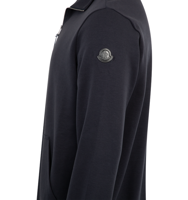 Image 3 of 3 - NAVY - MONCLER Cotton Half-Zip Sweatshirt featuring cotton blend interlock, zipper closure, kangaroo pockets with knit trim and logo patch in synthetic material. 75% cotton, 20% polyester, 5% elastane/spandex. Made in Turkey.