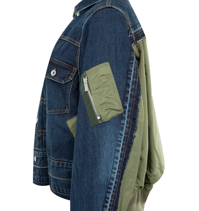 Image 3 of 3 - BLUE - SACAI Denim x Nylon Twill Jacket featuring spread collar, button closure, flap pockets at chest, tucks and welt pockets at front, partially rib-knit hem and cuffs, zip vent at side seams and utility pocket at sleeve. 100% cotton. 100% nylon. Made in Japan.