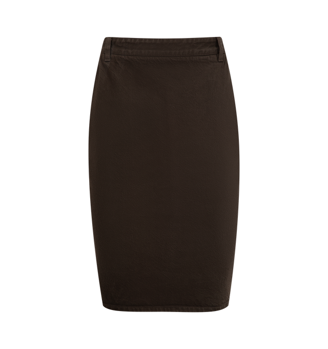 Image 1 of 3 - BROWN - SAINT LAURENT Pencil Skirt featuring mid-rise, waistband with belt loops, single back vent and saint laurent paris embossed leather jacron. 100% cotton. Made in Italy.