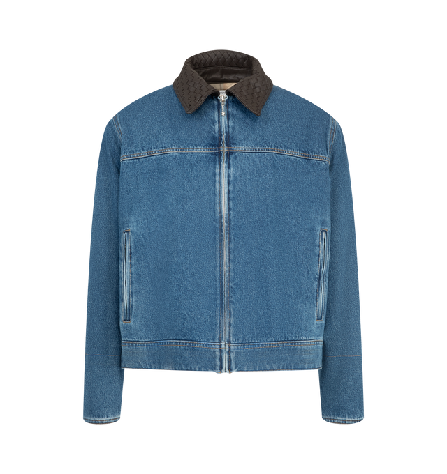 Image 1 of 3 - BLUE - Bottega Veneta Men's Denim Jacket is crafted from washed denim panels and features a boxy silhouette with an Intrecciato leather collar. Designed with a workwear-inspired construction, it is finished with a zip-front fastening, zipped pockets, and metallic knot pull-tabs that add a sculptural touch. Main Material: 100% Cotton. Collar: 100% Leather. Made in Italy.
