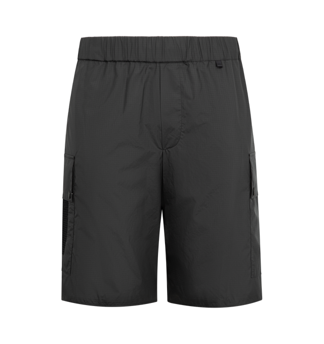 Image 1 of 4 - BLACK - MONCLER Cargo Shorts featuring ripstop fabric, waistband with drawstring fastening, patch pockets with snap button closure and mesh details and logo details. 100% polyester.