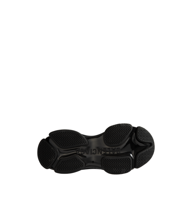 Image 4 of 5 - BLACK - Balenciaga Men's Triple S Clear Sole Sneaker is crafted from leather-free double foam and mesh and features the signature Triple S silhouette with a complex three-layer outsole incorporating Clear Sole technology. Detailed with an embroidered size at the toe edge, an embroidered logo at the side, an embossed logo at the back, and Triple S rubber branding at the tongue, this sneaker is finished with a 12-eyelet lacing system, bicolor hiking-inspired laces, an additional pair of laces,