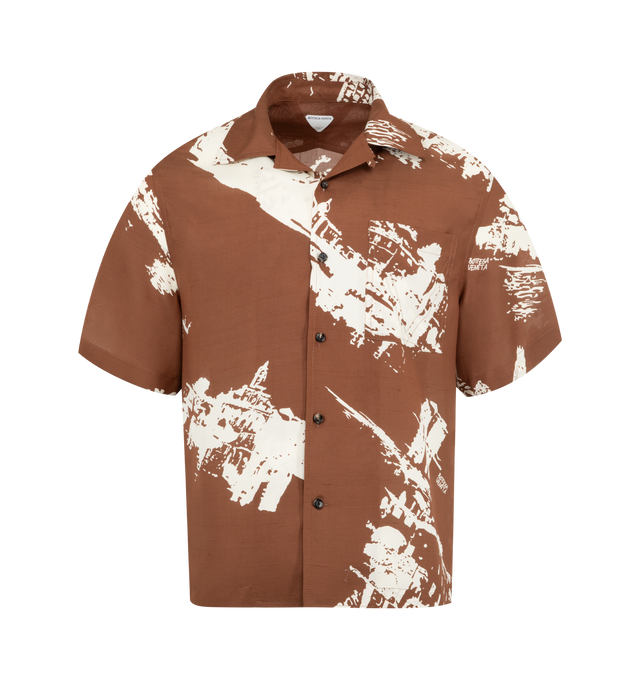 Image 1 of 2 - BROWN - BOTTEGA VENETA Italian Postcard Silk Shirt featuring short sleeves, lightweight silk shantung with Italian postcard print, button closure and regular fit. 75% silk, 25% cotton. Made in Italy.
