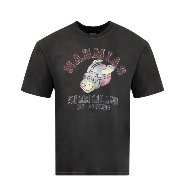 Image 1 of 2 - BLACK - NAHMIAS Des Nation Boxy T-shirt featuring short sleeves, crew neck, boxy fit, screen printed graphic on front and natural faded vintage apperance. 100% cotton.