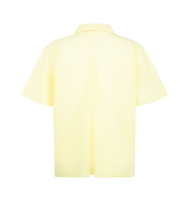 Image 2 of 2 - YELLOW - Issey Miyake Men's August Pleated Shirt is crafted from lightweight polyester and features the house's signature pleated construction throughout. Designed with a classic polo collar, short sleeves, and a button-down front, this designer shirt combines a refined polo-inspired silhouette with Issey Miyake's innovative approach to texture and textile design. Main Material: 100% Polyester.