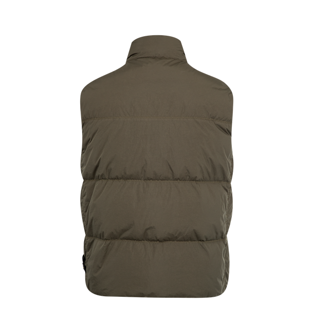Image 2 of 3 - GREEN - STONE ISLAND Padded Vest featuring standing down-padded collar, chest pocket on left side with triangular flap and snap, standing hand pockets with hidden zipper, one inner pocket with Stone Island Compass logo embroidery and button fastening, Stone Island badge on bottom left side, drawstring at hem and two-way zipper under snap-fastened placket. 100% polyamide/nylon.