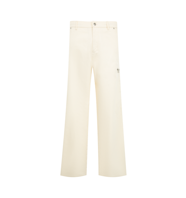 Image 1 of 1 - WHITE - Moncler Men's Stretch Gabardine Pants are crafted from stretch cotton gabardine and reinterpret utilitarian workwear with a structured feel and functional detailing. Designed with an elasticated drawstring waistband with metal tips, these designer pants feature a zipper and button fastening, side pockets, back pockets, a side zipper pocket, and a signature Moncler logo patch. Main Material: 97% Cotton, 3% Elastane/Spandex. Waist: Elasticated with Drawstring. Closure: Zipper and Button