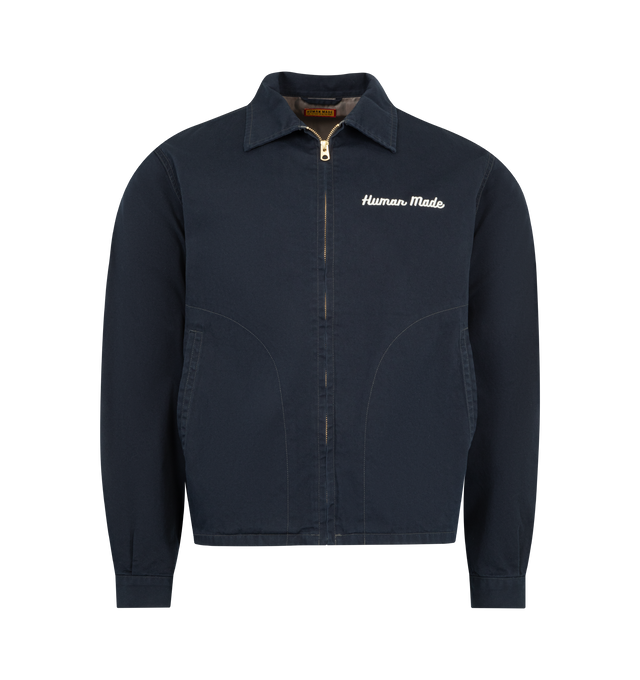 Image 1 of 3 - NAVY - HUMAN MADE Work Jacket featuring zip-up closure, a Duck graphic patch on the back, chain-stitched Human Made logo on the left chest, wide, boxy silhouette, thick, firm cotton twill fabric, polyester lining and heart button on each cuff. 100% cotton. Lining: 100% polyester.