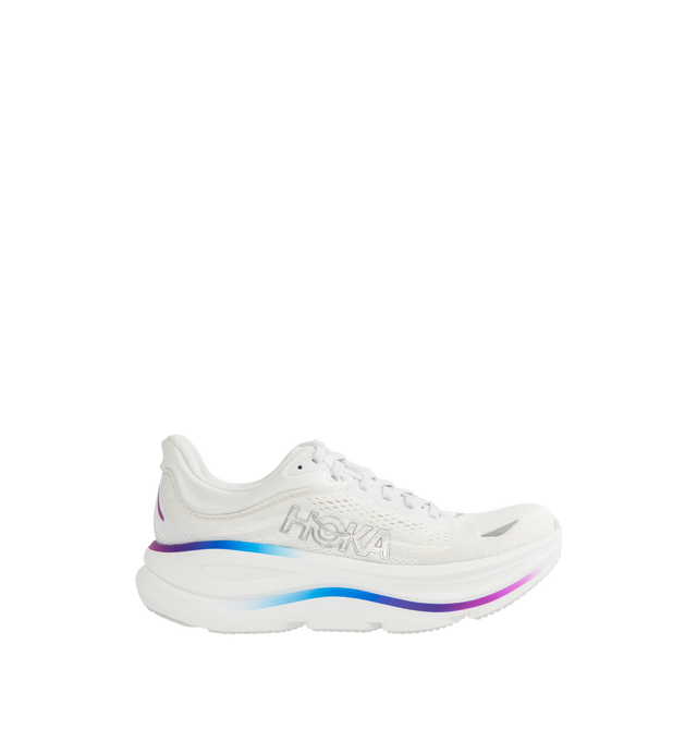 Image 1 of 5 - WHITE - HOKA W Bondi 9 Sneaker featuring performance mesh upper, cushioned collar and tongue, removable contoured insole, supportive midsole, textile lining, lace-up closure, round toe and rubber sole.