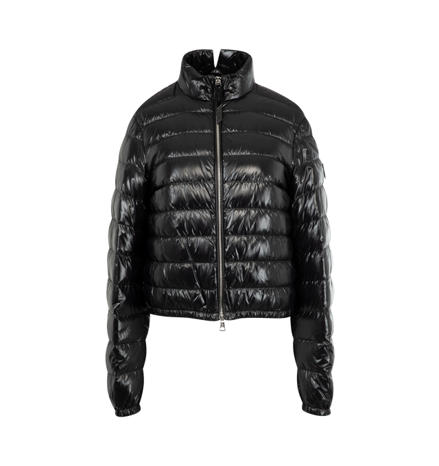 Image 1 of 3 - BLACK - Moncler x EE72 by Edward Enninful Knut Short Down Jacket featuring nylon laqu lining, down-filled, zipper closure, pockets with snap button closure and elastic hem and cuffs. 100% polyamide/nylon. Padding: 90% down, 10% feather. Made in Romania.