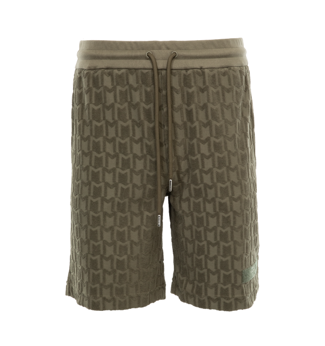 Image 1 of 4 - GREEN - MONCLER Monogram Shorts featuring drawstring at elasticized waistband, three-pocket styling, mock-fly, logo patch at front and felted logo patch at back yoke. 100% cotton. Made in Tunisia. 