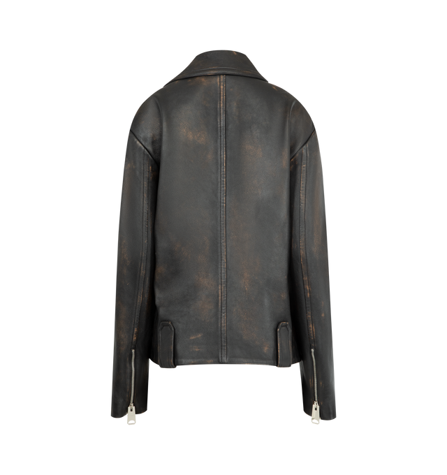 Image 2 of 3 - BLACK - KHAITE Catalina Jacket in Distressed Leather featuring a rustic and refined moto jacket in hand-distressed, two-tone South African lambskin suede finished in Italy for a worn-in, vintage look and a dry finish. With signature hardware at two-way zippered front, pockets, and cuffs. 100% lamb. This item may be restricted for online purchase to international clients. For assistance purchasing this item please contact our dedicated stylist team at personalshopping@hirshleifers.com.
