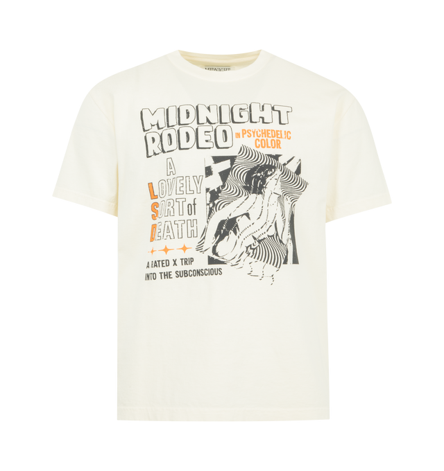 Image 1 of 2 - WHITE - MIDNIGHT RODEO American Exxtasy Tee featuring short sleeves, crew neck, front and back graphic logo detail and lightweight jersey fabric. 100% cotton. Made in USA.