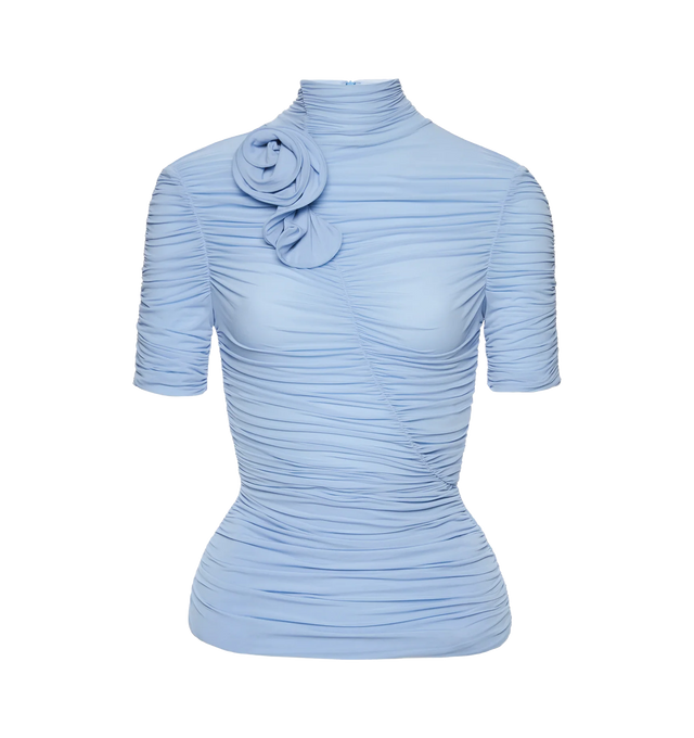 Image 1 of 2 - BLUE - MAGDA BUTRYM Ruched Cupro-Blend Top featuring fitted hip-length blouse crafted from a stretch cupro blend, a high ruched neckline, short gathered sleeves, diagonal front seams and softly draped ruching throughout the body, a sculptural flower detail is attached at the neck, subtle padding that enhances the hips and a concealed zip closure at the back. 92% cupro, 8% elastane.