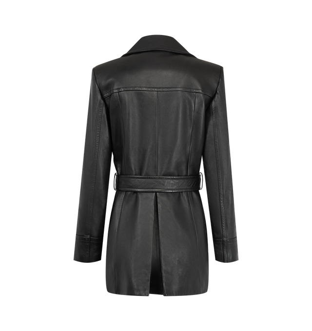 Image 2 of 3 - BLACK - Saint Laurent Womens Double-Breasted Jacket is crafted from lambskin leather. Features a double-breasted six-button closure, ulster collar, adjustable and detachable belt, two front flap pockets, one interior welt pocket, and an inverted box-pleat back vent. Main Material: 100% Lambskin; Lining: Cotton and Viscose. Made in Italy.
