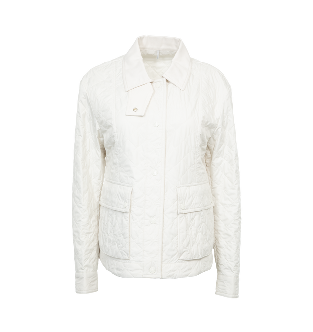 Image 1 of 4 - WHITE - MONCLER Galene Jacket featuring spread collar, snap front, long sleeves, snap cuffs, dual waist snap-flap pockets, adjustable drawcord waistband and mid-length. 100% polyester. Made in Romania. 