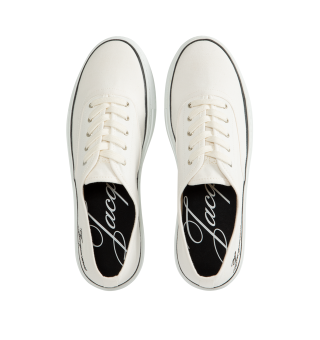 Image 5 of 5 - WHITE - JACQUEMUS The Ff Skate Sneakers featuring canvas upper, round toe, flat cotton laces, embroidered signature and monogram logos, rubber sole and canvas insole and lining. 100% cotton. Made in Portugal.
