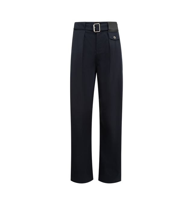 Image 1 of 3 - NAVY - Loewe Trousers in lightweight cotton and silk gabardine featuring an adjustable fabric belt and pleats at the front. Relaxed fit, regular length, mid waist, loose leg featuring concealed button fly, buttoned coin pocket, seam pockets, rear patch pocket, and LOEWE embossed leather patch placed at the front. Cotton/silk. Made in Italy.