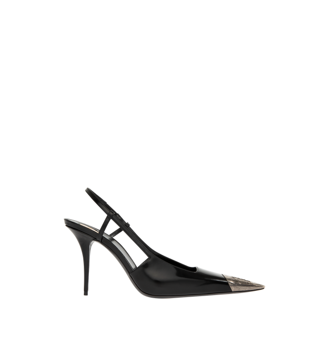 Image 1 of 4 - BLACK - SAINT LAURENT Jeanne Slingback Pumps in glazed leather featuring a square pointed metal cap toe decorated with a cassandre martel, a square-cut vamp, stiletto heel, leather sole, round saint laurent-engraved metal plaque on the insole and elasticized slingback strap. 3.5 inch heel. Calfskin. Made in Italy.