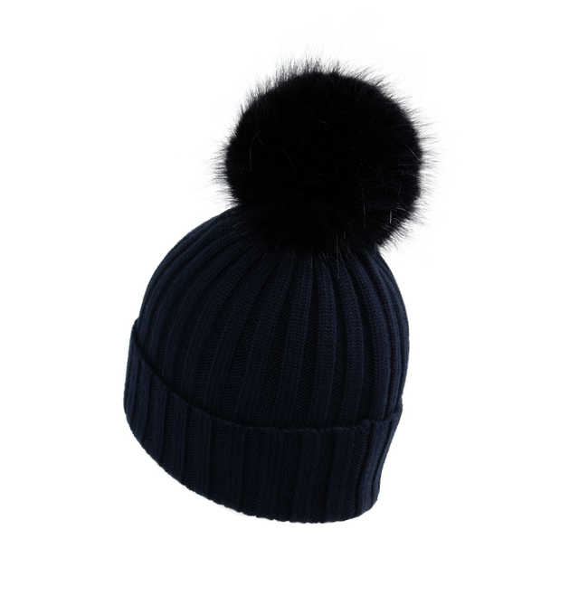 Image 2 of 2 - NAVY - MONCLER Wool Beanie featuring ultra-fine Merino wool, faux fur pom pom, rib knit and Gauge 5. 100% virgin wool. Made in Bulgaria. 