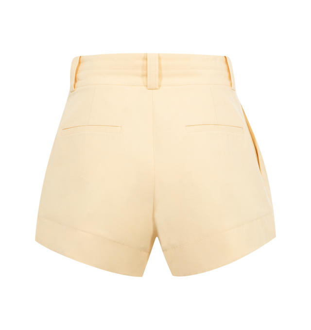 Image 2 of 3 - CHAMPAGNE - CHLOE High-Rise Mini Shorts featuring front zipper & horn button, maxi front patch pocket, left-side pocket, single piped back pocket and gold metal Chlo logo triangle at front pocket. 100% cotton.