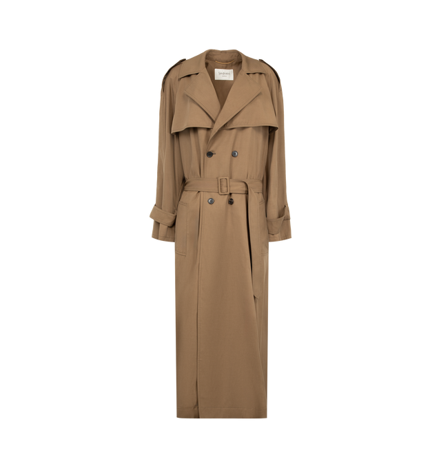 Image 1 of 3 - BROWN - Saint Laurent Womens Large Belted Trench Coat is crafted from certified cotton and features an ulster collar, raglan sleeves, and front and back storm flaps. Designed with a double-breasted four-button closure, padded shoulders, buttoned epaulets, two-button tab cuffs, two front welt pockets, an adjustable and detachable belt, and a single back vent. Main Material: Certified Cotton. Made in Italy.