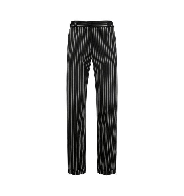 Image 1 of 3 - BLACK - TOM FORD Striped Trousers featuring a concealed front button, hook and zip fastening, belt loops, stripes throughout, side slit pockets and two rear welt pockets. Wool, cotton. Made in Italy.