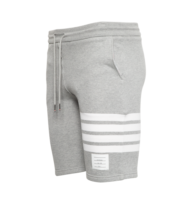 Image 3 of 4 - GREY - THOM BROWNE cotton sweat shorts with pull-on elasticized waist featuring drawcords and stripe detail at leg. 