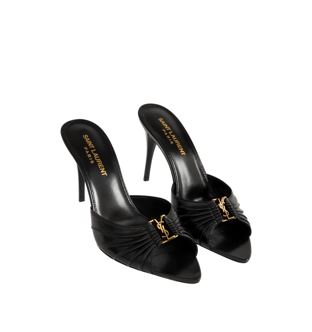 Image 2 of 4 - BLACK - SAINT LAURENT Babylone Mule featuring stiletto mules with a pointed peep toe, gathered upper decorated with the cassandre and leather sole. 3.5 inches. Lambskin. Made in Italy.