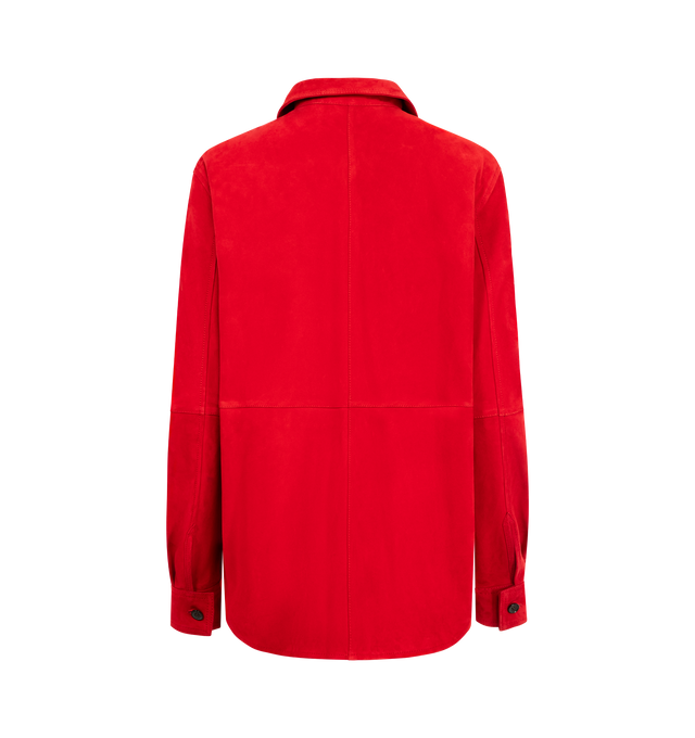 Image 2 of 2 - RED - TOTEME Soft Suede Shirt featuring buttersoft suede, paneled straight silhouette fastening with buttons at the placket and cuffs, collar and long sleeves. 100% lamb leather.