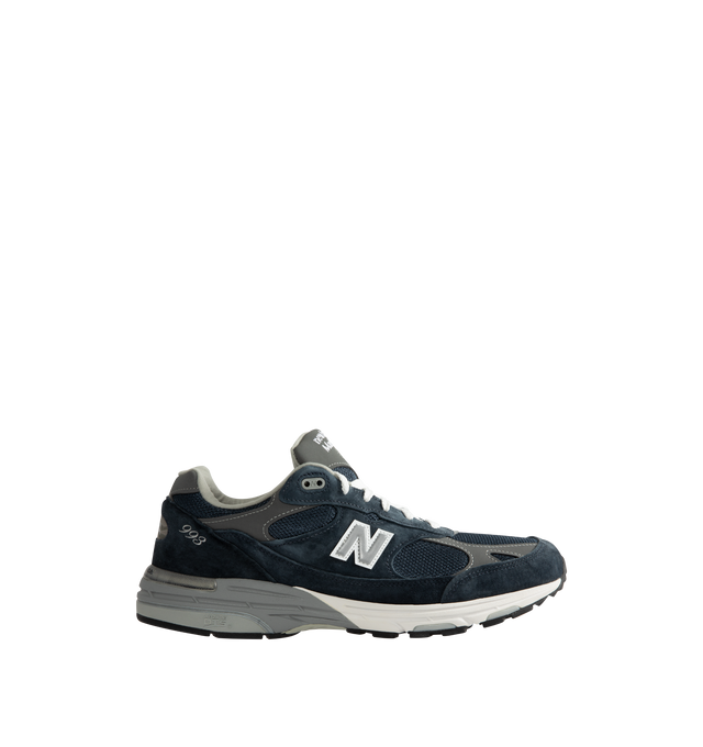 Image 1 of 5 - BLUE - New Balance Men's Made in USA 993 Sneakers feature a mesh upper with premium suede overlays and reflective accents. ABZORB midsole cushioning combines impact absorption with compression resistance, while ACTEVA cushioning provides flexible support. A full-length rubber outsole is finished with Ndurance rubber at the heel for added durability. Upper: Mesh and Pig Suede. Sole: Rubber. Made in USA.