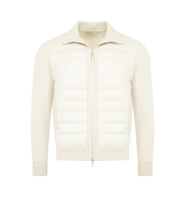 Image 1 of 3 - WHITE - MONCLER Padded Wool Cardigan featuring recycled rainwear lining, down-filled and padded, tricolour hood, waffle stitch, gauge 12, zip closure, welt pockets and logo. 100% polyester. Padding: 90% down, 10% feather. Base fabric: 100% virgin wool.