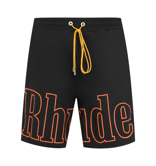Image 1 of 3 - BLACK - Rhude Mens Nylon Shorts are crafted from premium washed nylon. Feature logo print across the front legs, twin pockets, and extended drawstrings. Main Material: 100% Nylon. Made in the USA.