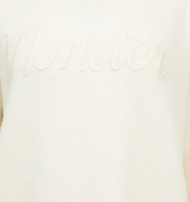 Image 3 of 3 - WHITE - MONCLER Crew Neck Sweater featuring a wool and cashmere blend, stockinette stitch, gauge 5, crew neck and embroidered logo. 90% virgin wool, 10% cashmere.