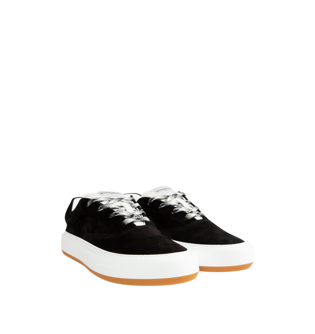 Image 2 of 5 - BLACK - GIVENCHY New City Sneakers featuring suede upper, low top sneakers, logo throughout, lace up closure and gum rubber sole.
