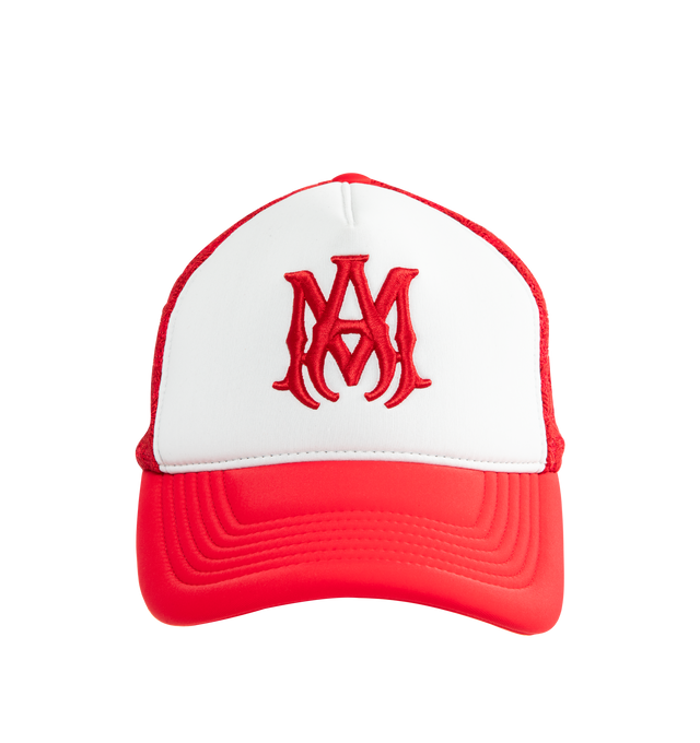 Image 1 of 3 - RED - AMIRI MA Two Tone Trucker Hat featuring embroidered MA icon, curved brim and double snapback fastening. Cotton, lyocell, polyester.