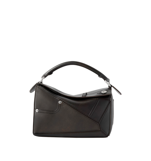 Image 1 of 4 - BROWN - LOEWE Panta Small Puzzle Bag featuring distinctive geometric lines and cuboid form. This small version is crafted in shiny calfskin with denim trousers-inspired details, shoulder, crossbody or hand carry, detachable and adjustable strap, zip closure with calfskin pull, one external rear pocket, one internal slip pocket, herringbone cotton canvas lining and embossed Anagram. Shiny calf. 16.5 cm x 24 cm x 10.5 cm. Made in Spain.