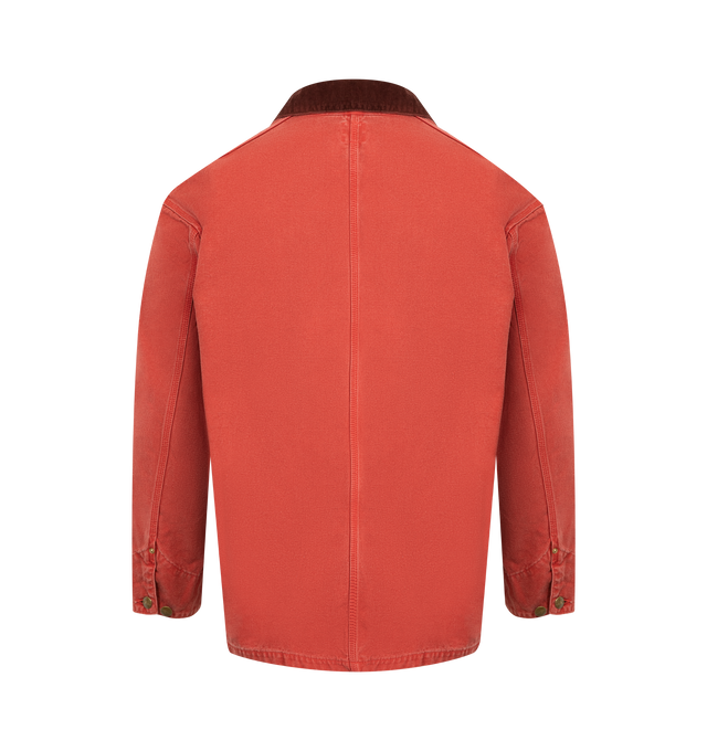 Image 2 of 3 - RED - ORSLOW Relax Fit Oxford Coverall featuring a relaxed silhouette, coverall cut, utility pocketing, button closure and contrasting collar. Made in Japan.
