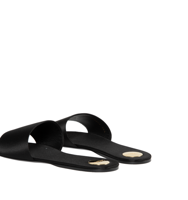 Image 3 of 4 - BLACK - SAINT LAURENT Carlyle Slide featuring round toe, thick arch band, engraved medallion on the insole and leather sole. 72% viscose, 28% silk. Made in Italy.  
