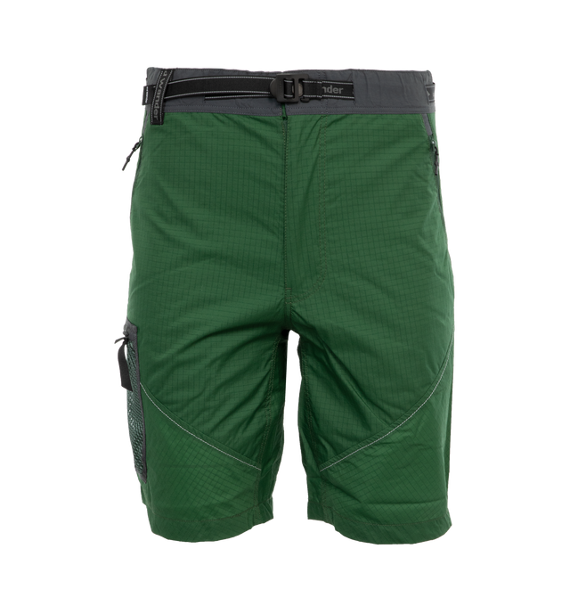 Image 1 of 4 - GREEN - AND WANDER Ripstop shorts featuring zipper and snap-button fastenings, side slit pockets, back pockets, patch pockets, zipped pockets and attached belt. 100% polyamide. 