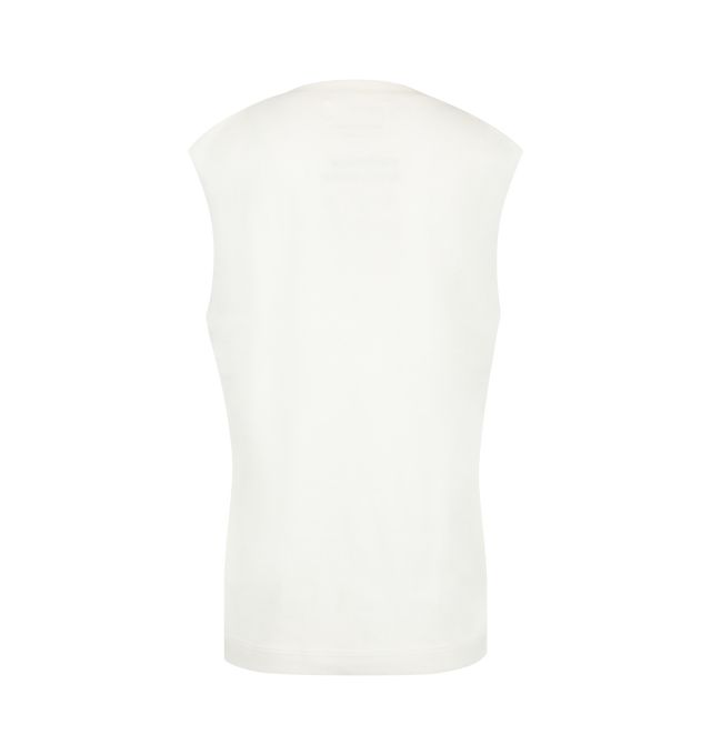Image 2 of 2 - WHITE - Extreme Cashmere Women's N408 Muscle Tank Top is crafted from a lightweight cotton and cashmere blend and features a classic straight fit, crew neckline, sleeveless silhouette, and unfinished armhole edges for a modern, minimalist look. This designer knit tank top combines the breathable structure of cotton with the luxurious softness of cashmere, making it an effortless wardrobe essential for year-round layering. Main Material: 70% Cotton, 30% Cashmere.